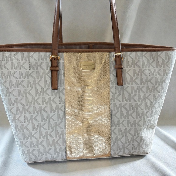MICHAEL KORS JET SET GOLD PYTHON STRIPE MK TOTE HANDBAG Excellent Condition - Picture 1 of 9
